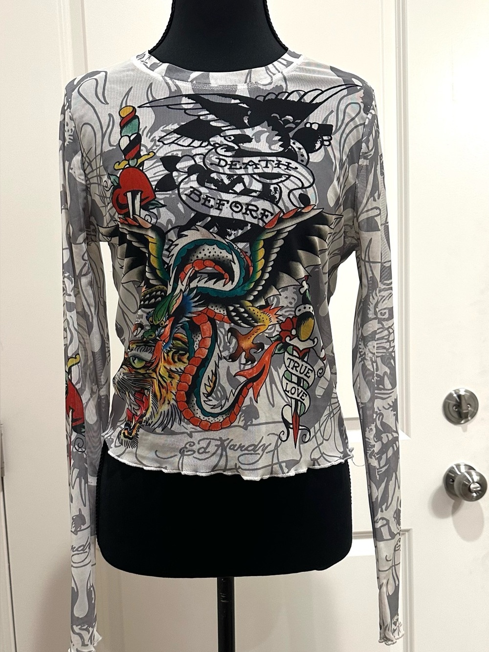 Ed Hardy Dragon Dagger White Mesh Long Sleeve Crop Top. Size L - Picture 3 of 11